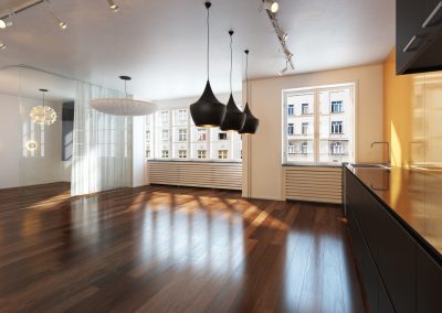 Empty interior residence with hardwood floors in the city